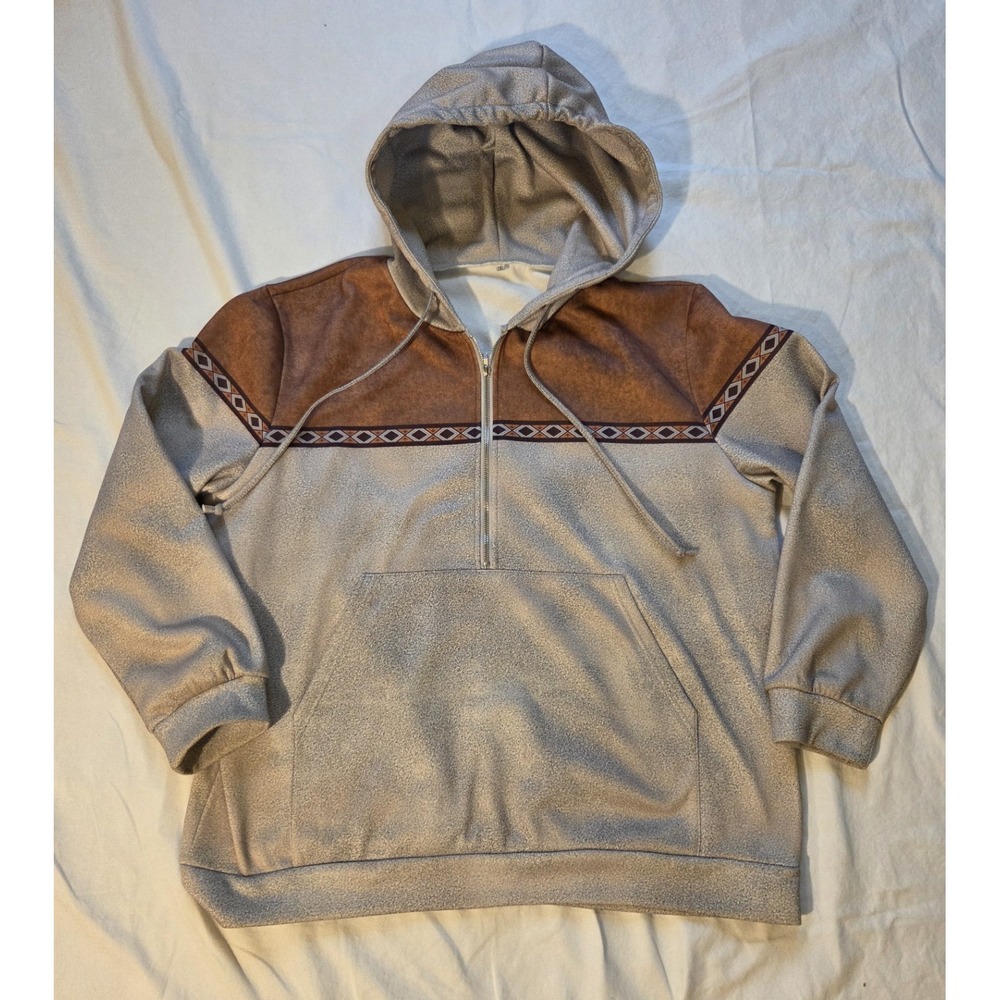 Western Aztec Hoodie Mens 2XL Brown Gray 1/4 Zip Pullover Southwestern XXL